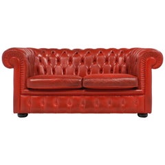 Vintage English Red Leather Chesterfield Couch