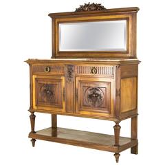 Antique French Walnut Marble Top Sideboard, Credenza, with Beveled Mirror B 7