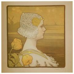 Paul Berthon Original Color Lithograph of Queen Wilhelmina, Signed in Ink, 1901