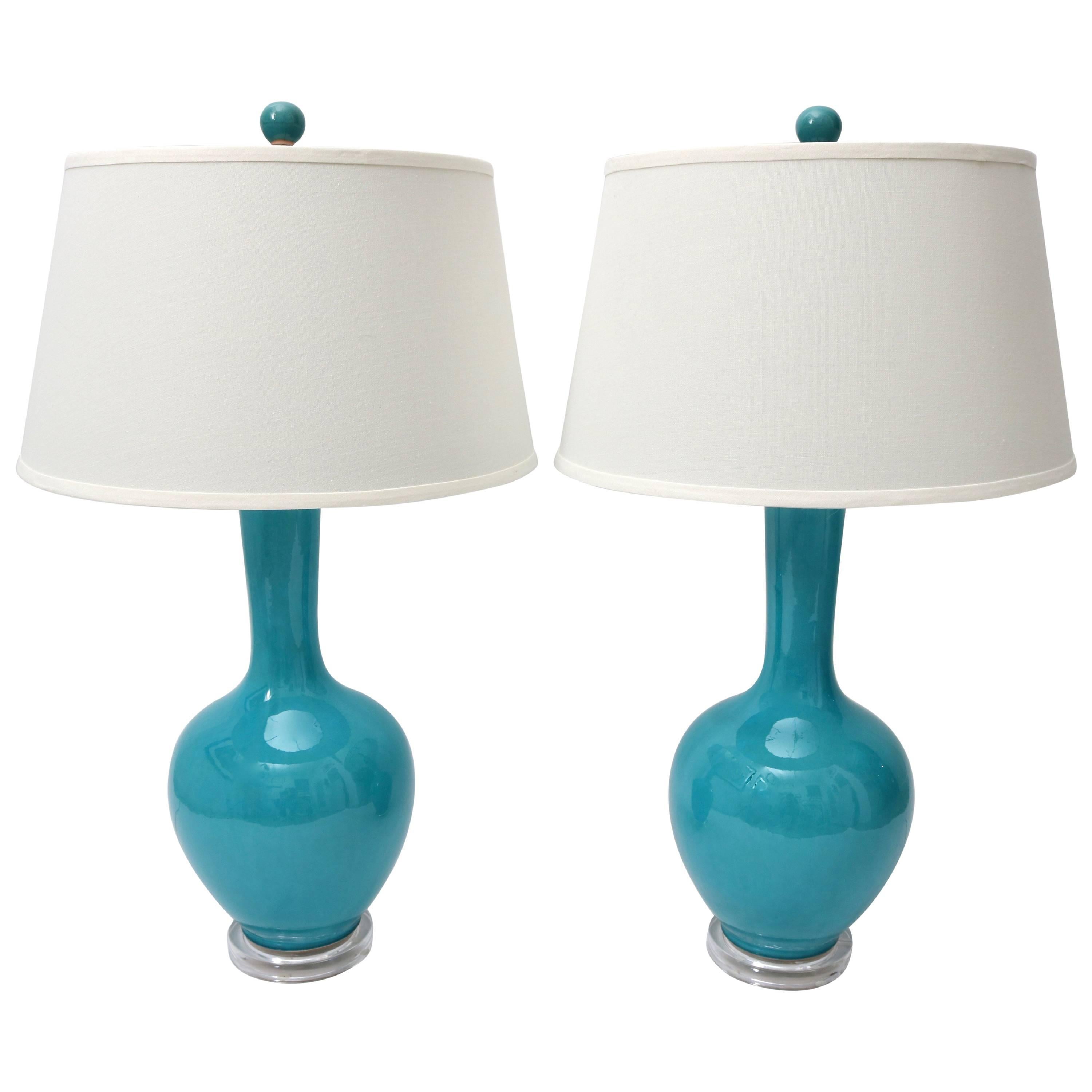 Pair of Turquoise Colored Vase-Form Table Lamps with Lucite Bases