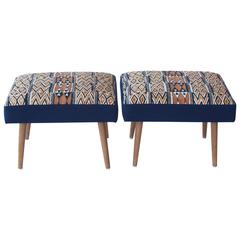 Pair of Vintage French Stools with Vintage African Textile