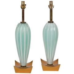 Pair of Pale Aqua and White Murano Glass Lamps