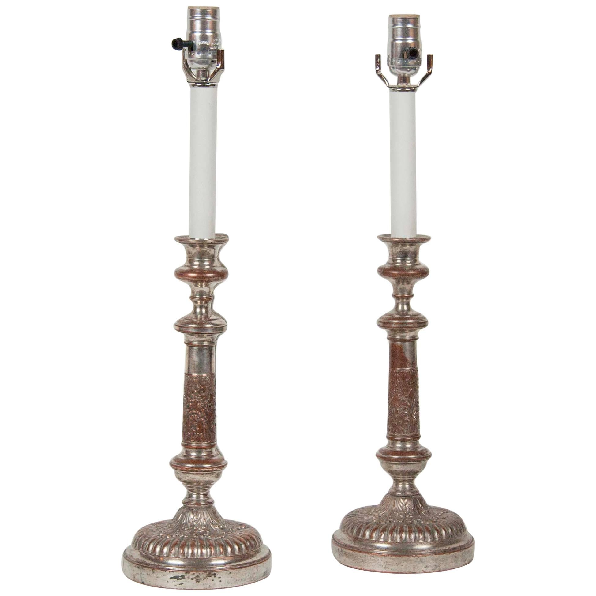 Pair of Silver on Copper Candlestick Lamps