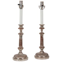 Pair of Silver on Copper Candlestick Lamps
