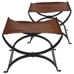 American Pair of Wrought Iron and Leather Stools