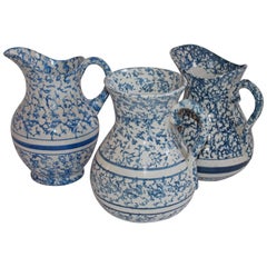 Collection of Three 19th Century Monumental Sponge Ware Water Pitchers