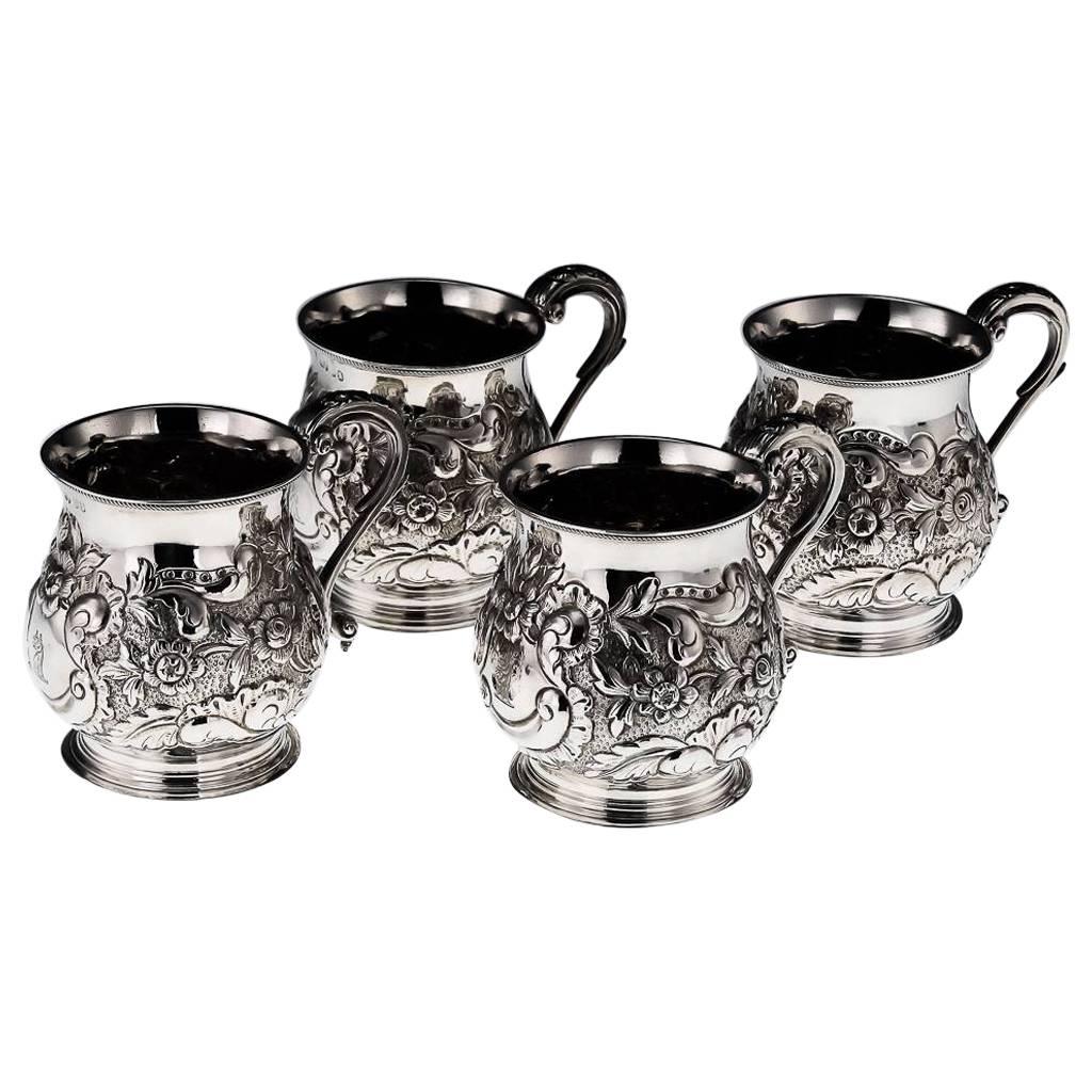 19th Century Georgian Solid Silver Set of Four Embossed Mugs, London, circa 1824