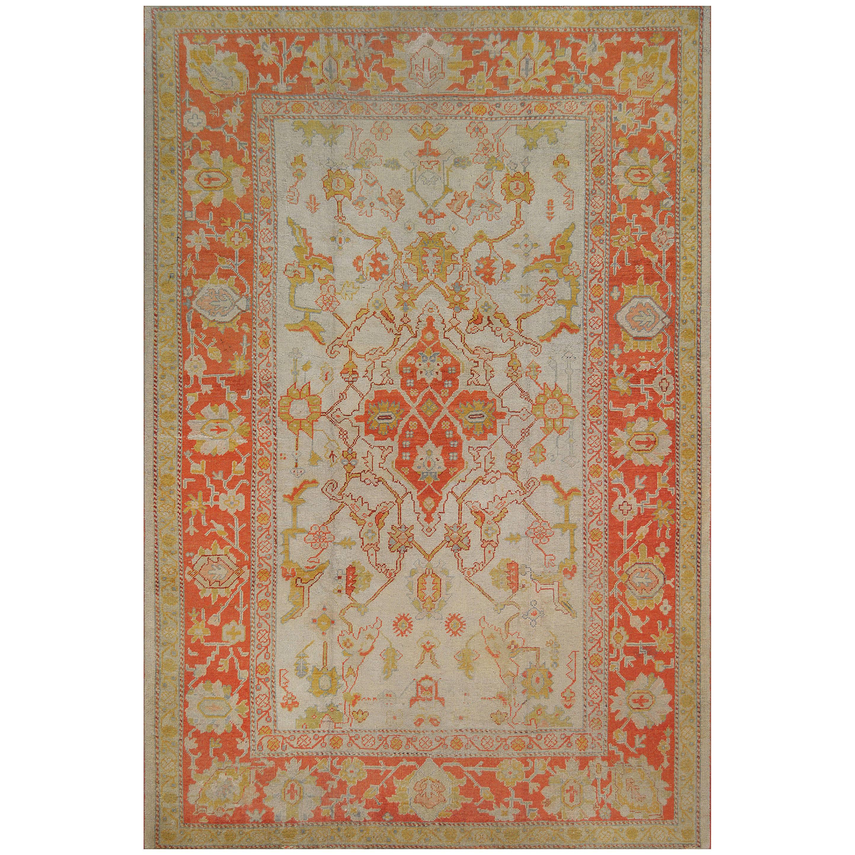 Hand-Woven Antique Late 19th Century Wool Turkish Oushak Rug For Sale