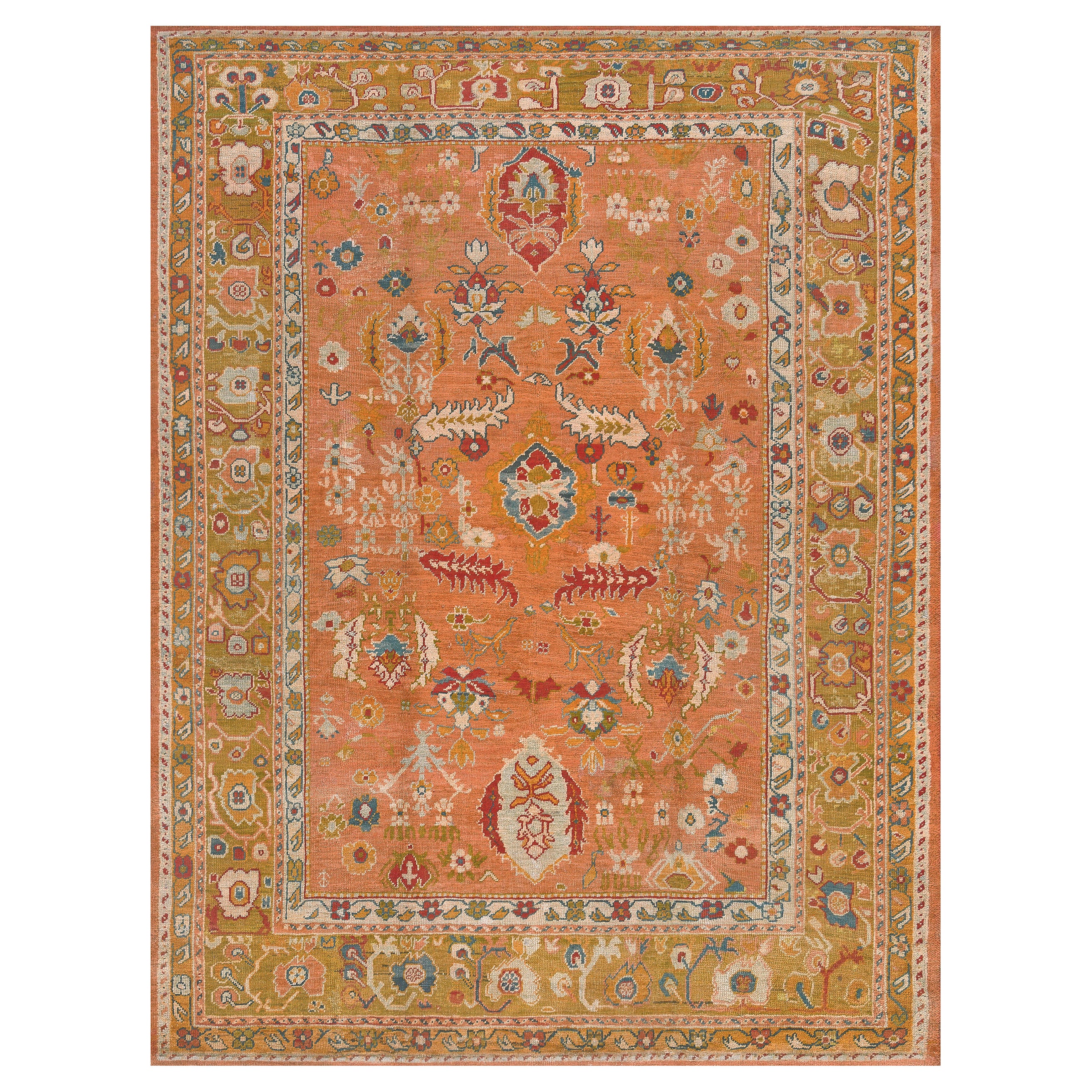 Antique Orange Floral Oushak Rug from Turkey For Sale