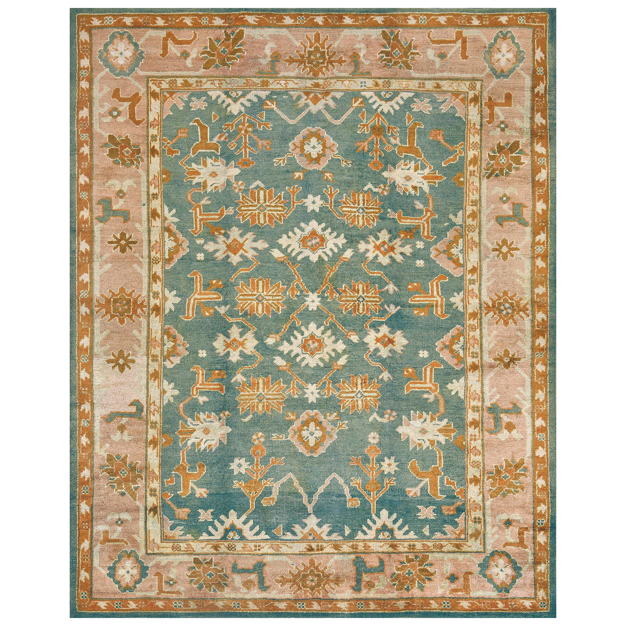 Traditional Late 19th Century Floral Teal Oushak Rug from West Anatolia For Sale