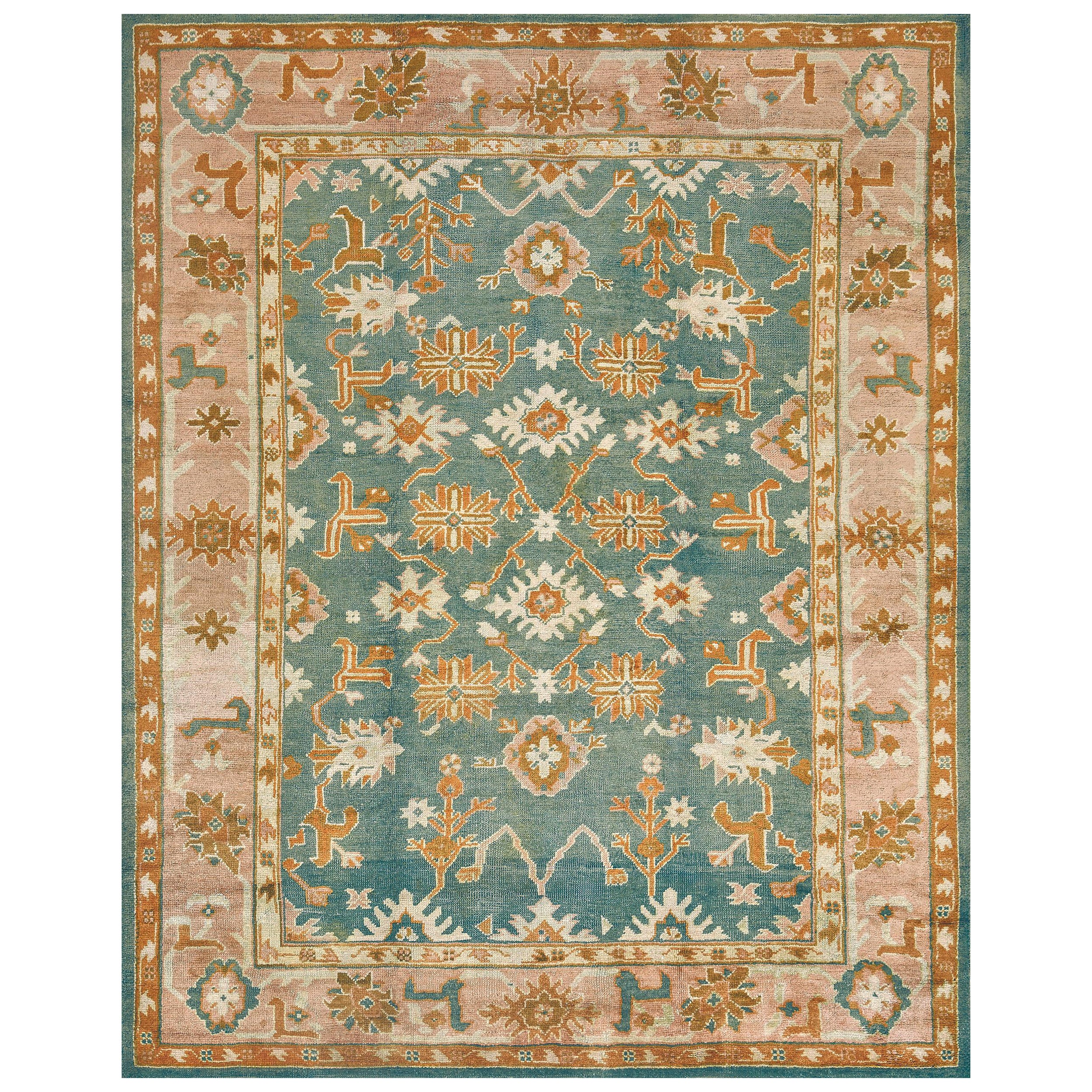 Tapis traditionnel d'Oushak de la fin du 19e siècle, à motifs floraux et sarcelle, d'Anatolie occidentale