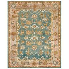 Antique Traditional Late 19th Century Floral Teal Oushak Rug from West Anatolia