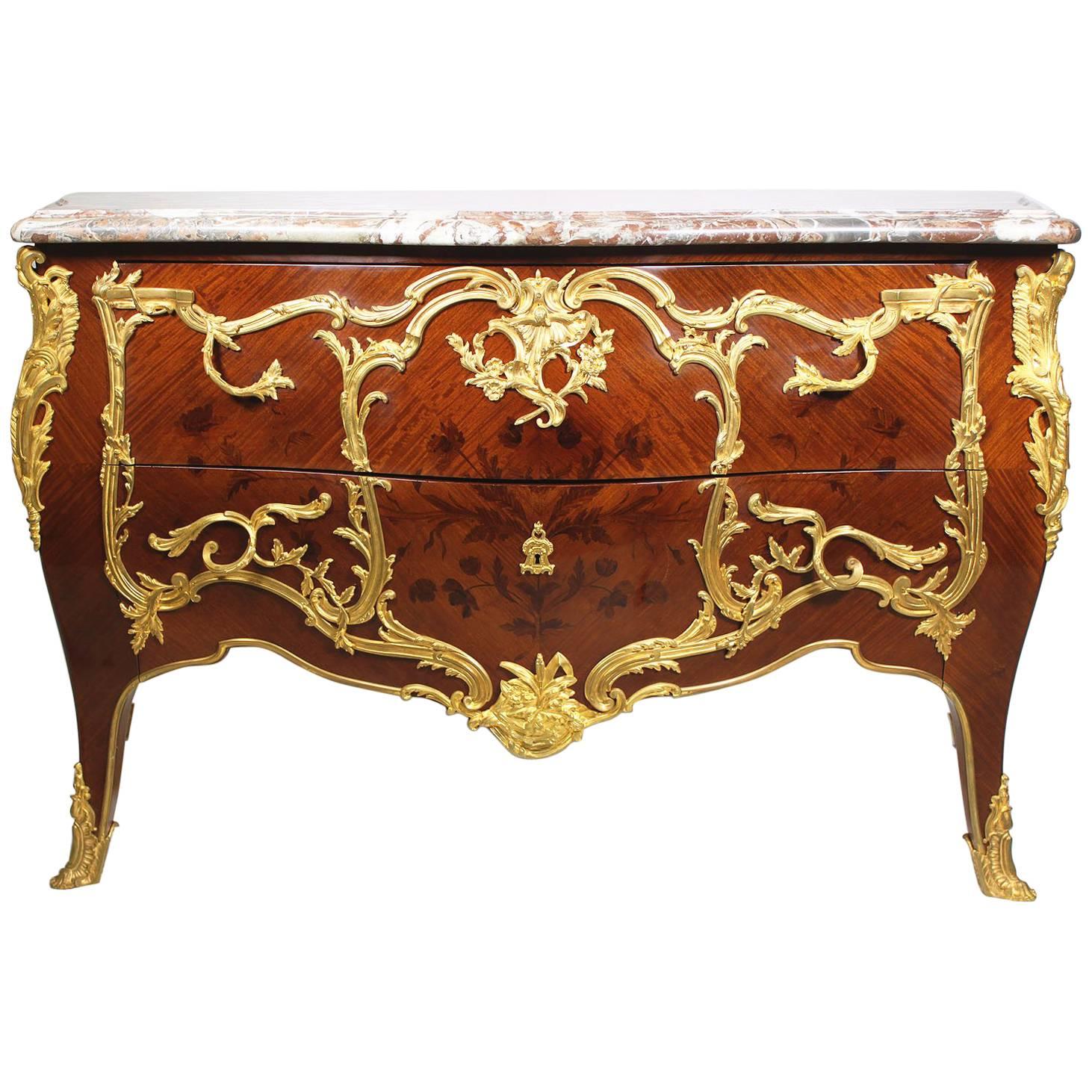 French 19th-20th century Louis XV Style Gilt Bronze Mounted Marquetry Commode For Sale