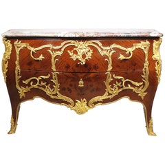 Vintage French 19th-20th century Louis XV Style Gilt Bronze Mounted Marquetry Commode