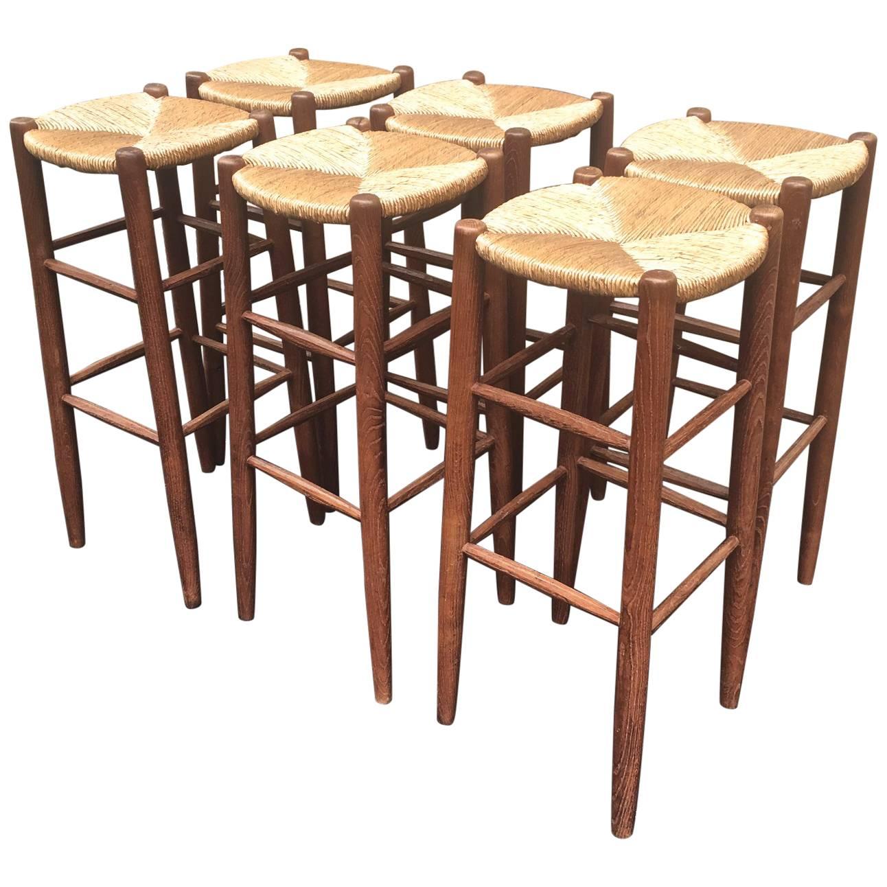 Rare Set of Six Rush Bar Stools in the Style of Charlotte Perriand For
