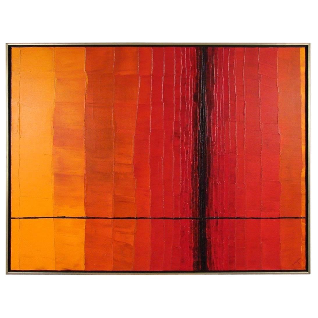 Mid-Century Oil on Canvas in Reds, Oranges and Black