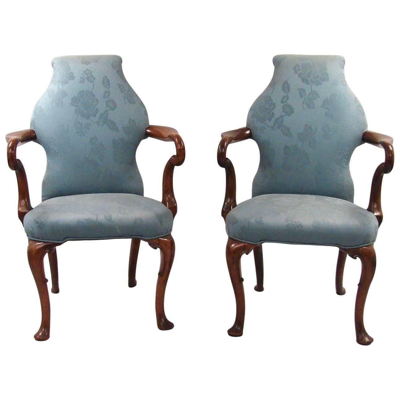 English George II Style Walnut Upholstered Armchairs