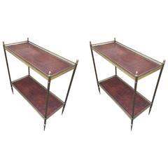 Maison Jansen 1940s Pair of Two-Tier Side Table with Leather Patinated Top 2