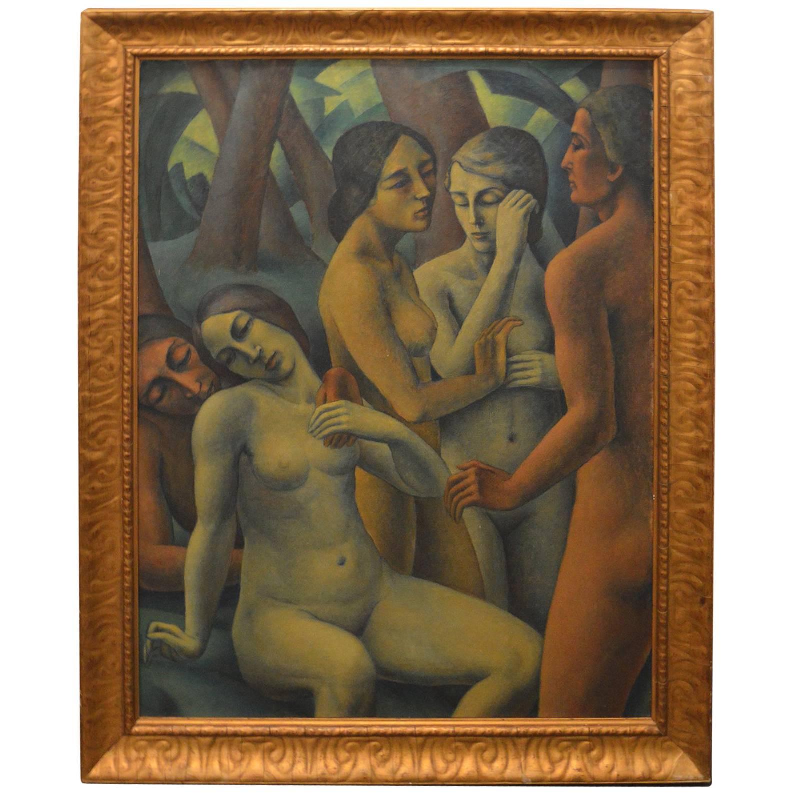 French Art Deco Oil on Canvas Nude Portrait of Women
