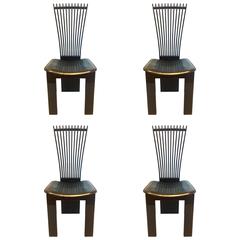 Four Italian Fan Back Chairs by Pietro Costantini in Lacquered Wood and Leather