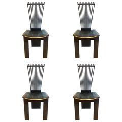 Four Italian Fan Back Chairs by Pietro Costantini in Lacquered Wood and Leather