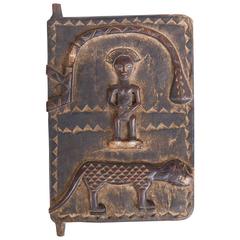 Vintage Petite African Wooden Granary Door with Carved Motifs