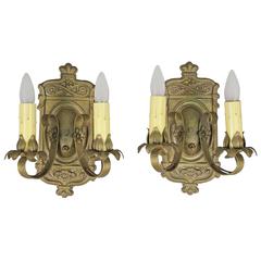 Antique Pair of 1920s Double Sconces with Acanthus Motif