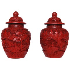 Antique Pair of Chinese Cinnabar Covered Ginger Jars