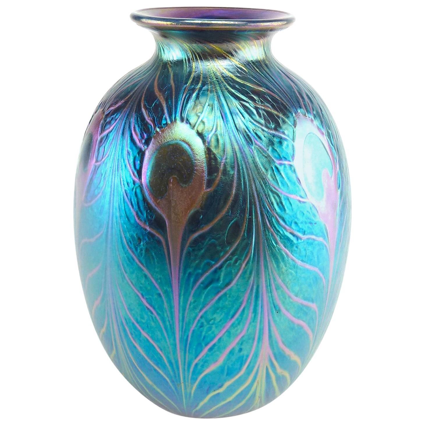 Charles Lotton Iridescent Blue Peacock Feather Studio Art Glass Vase For Sale