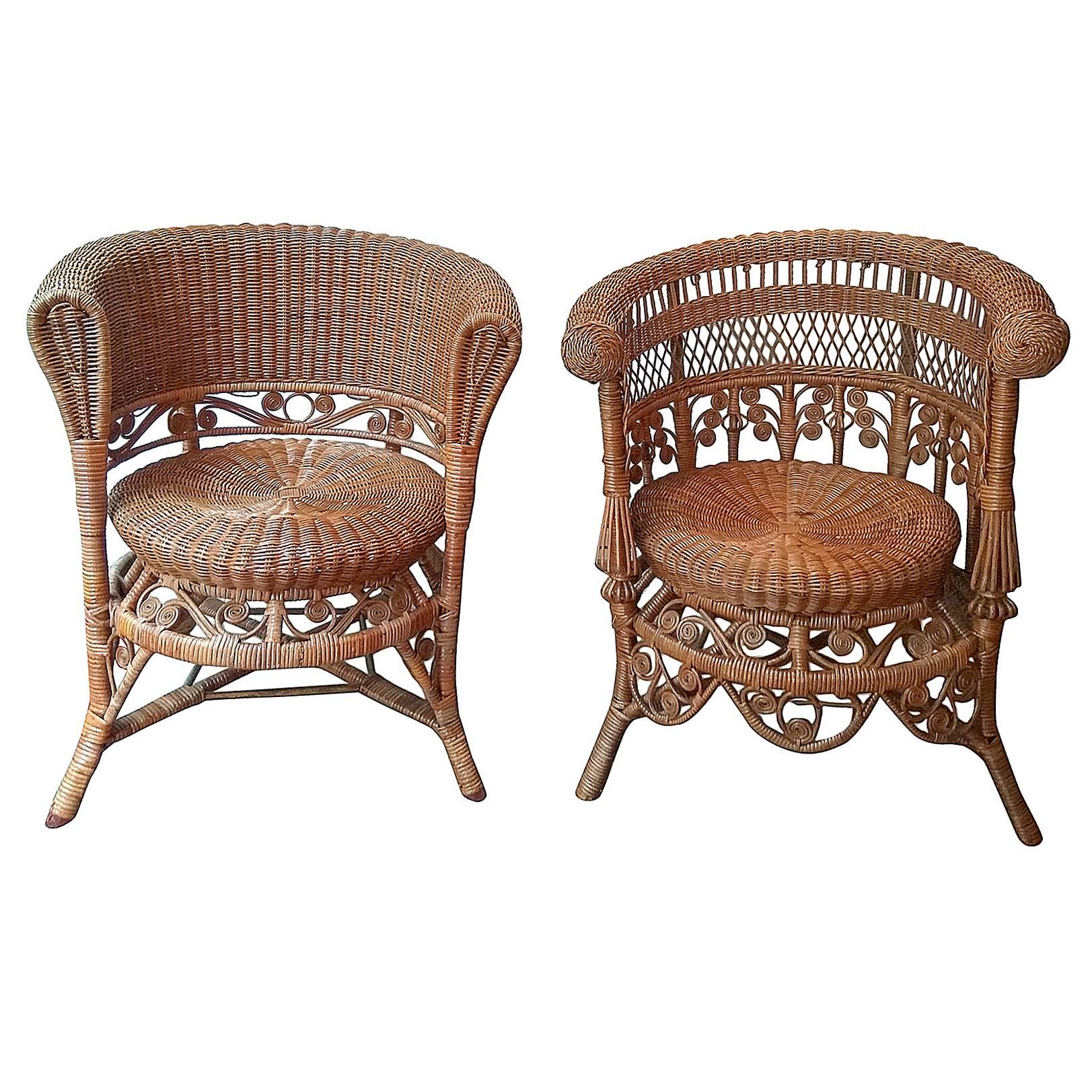 False Pair of Two Rattan Armchairs in the Style of Heywood Brothers & Wakefield 