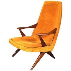 Danish 1960s Cross-Leg Teak and Orange Corduroy Lounge Chair