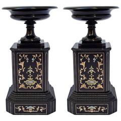 Elegant Pair of Black Napoleon III Vases and Boulle Marquetry