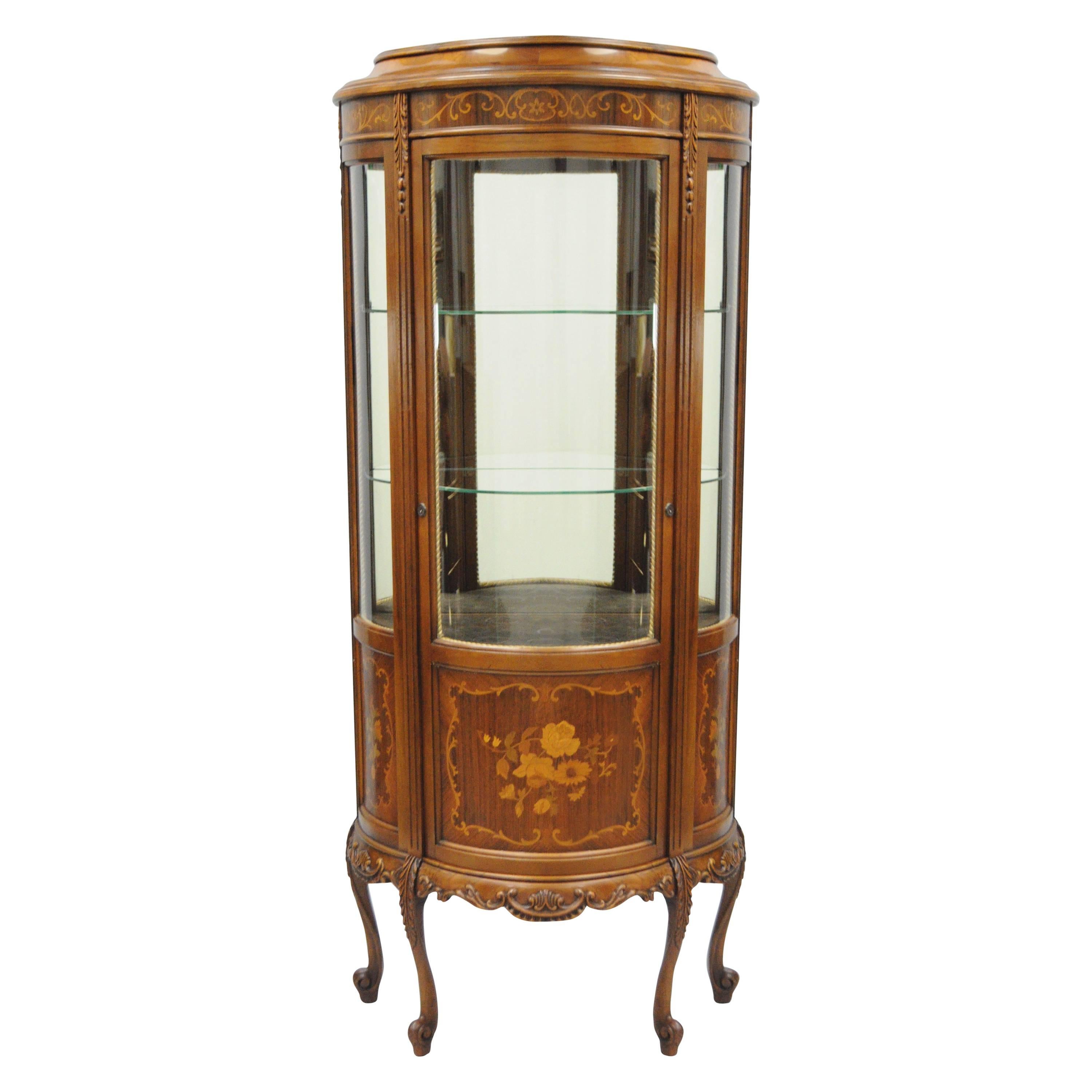 Small French Louis XV Style Curio Vitrine Display Case Curved Glass and Inlaid