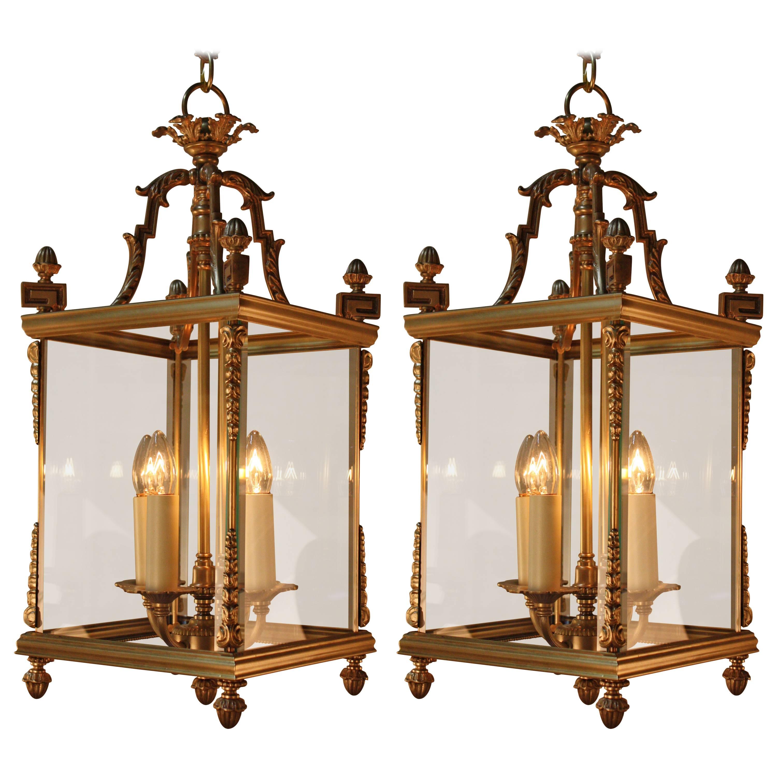 Pair of Italian Beveled Glass and Bronze Lanterns