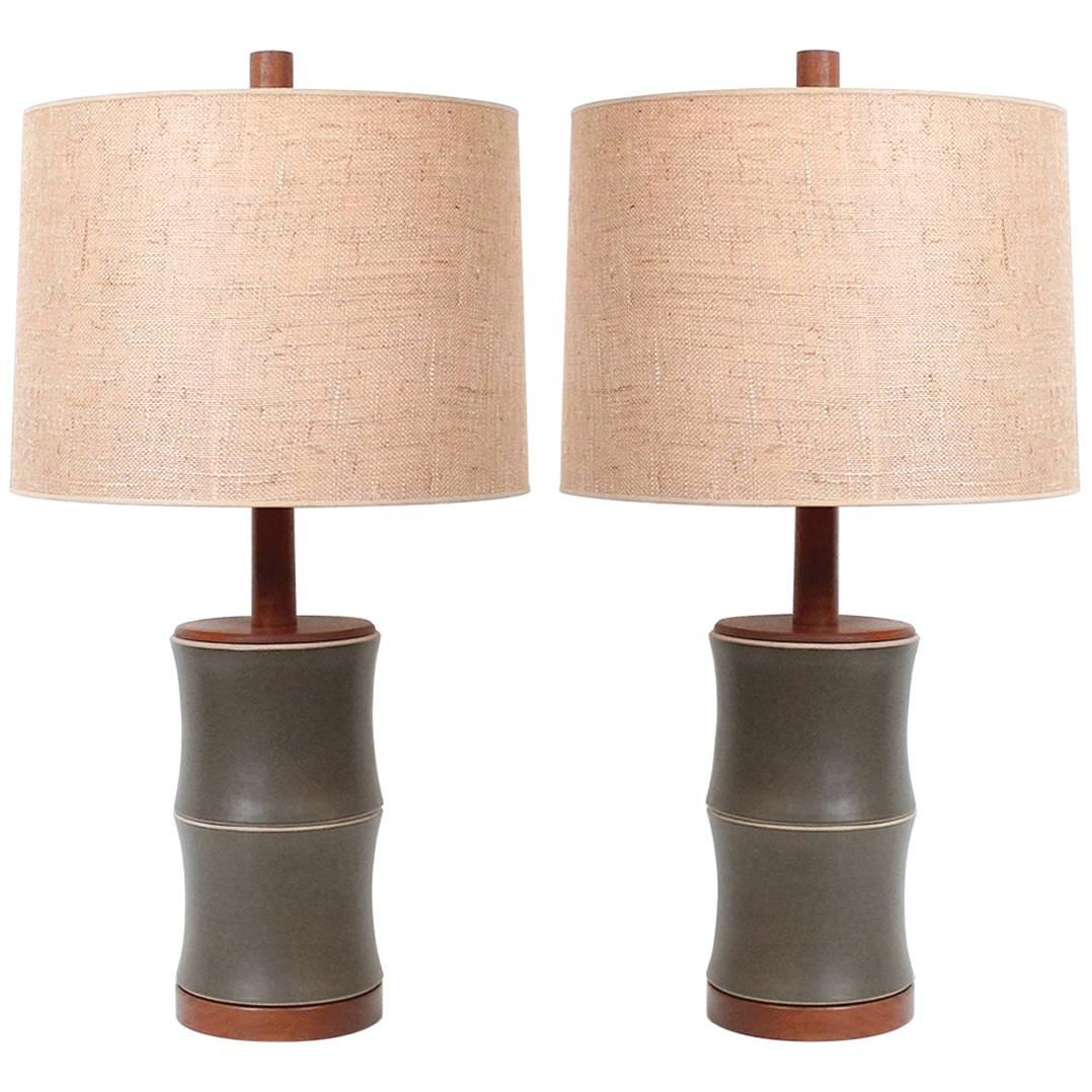 Pair of Martz “Bamboo” Pottery Table Lamps