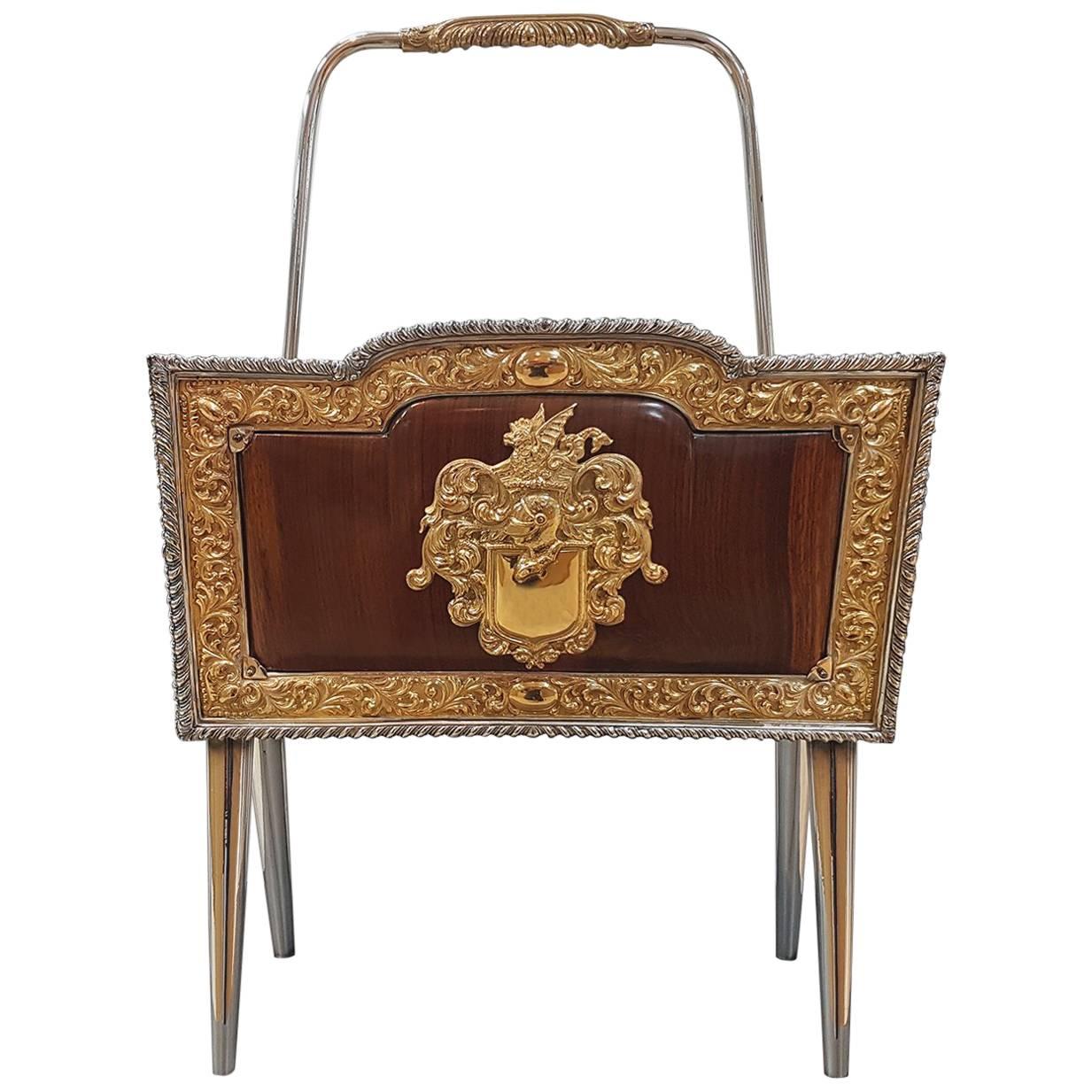 20th Century Italian Solid Silver e precious wood Magazine Rack. Made in Italy  For Sale