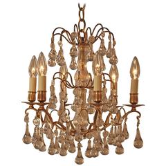 French 1930s Crystal and Bronze Chandelier