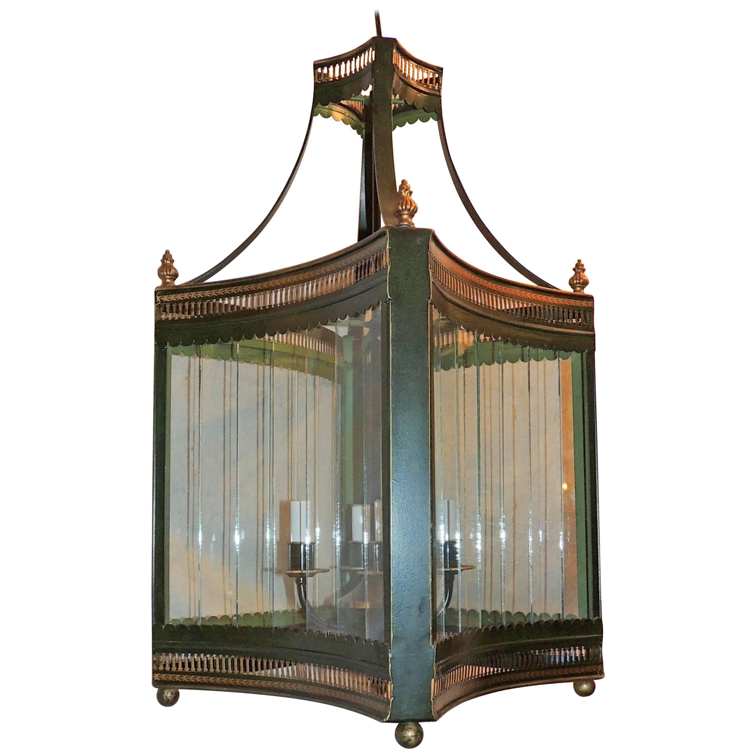 Handsome Vintage Four-Light Green Tole Gilt Lantern Panel Glass Large Fixture