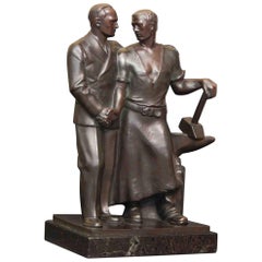 "Labor and Management, " Art Deco Bronze Sculpture of Workplace Amity, 1930s 