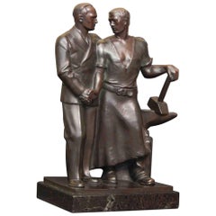 "Labor and Management, " Art Deco Bronze Sculpture of Workplace Amity, 1930s