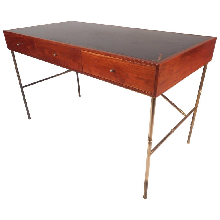 MidCentury Modern Walnut Desk with a Leather Top For Sale at 1stdibs