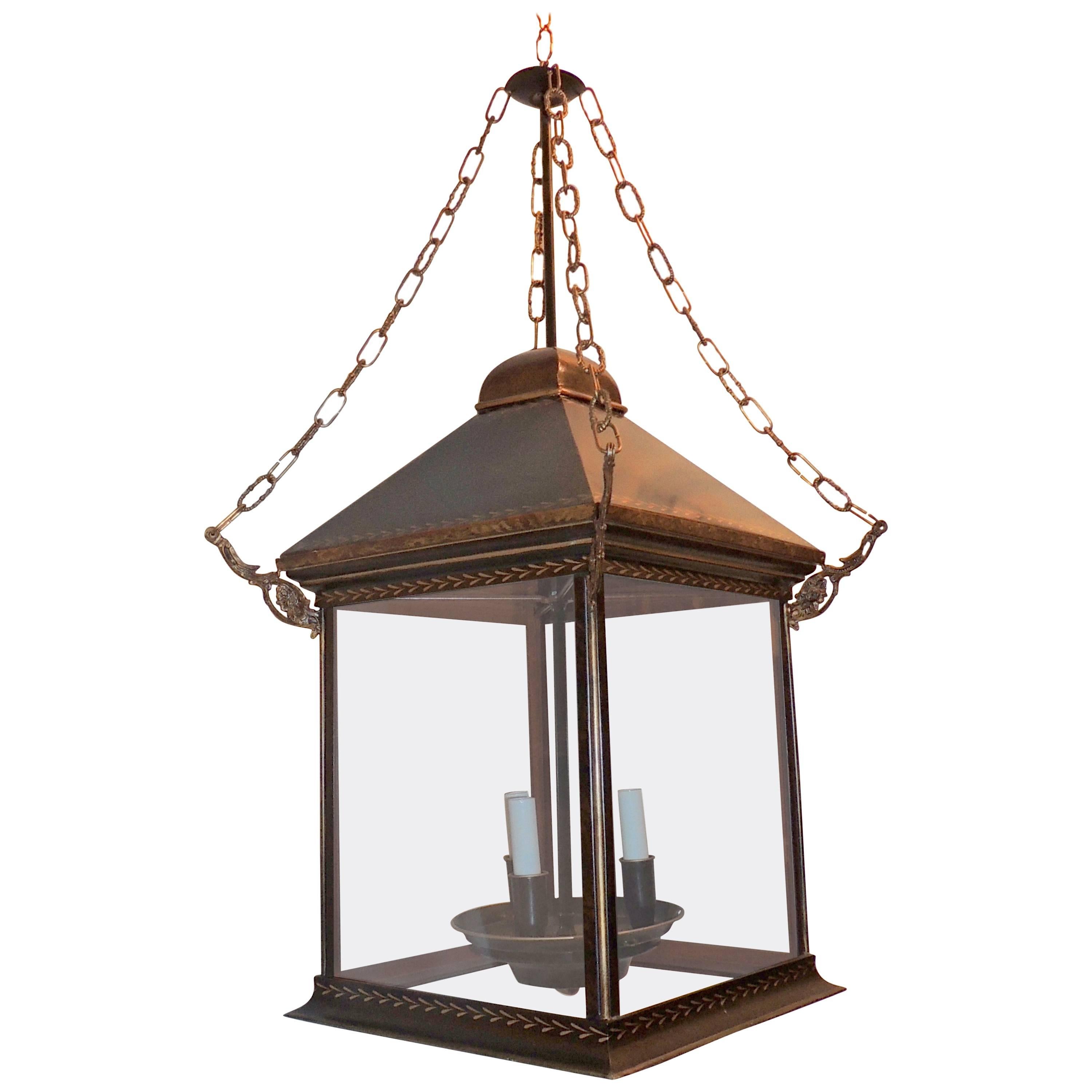 Tole Brown Distressed Leather Gilt Three-Light Glass Lantern Pendent Fixture