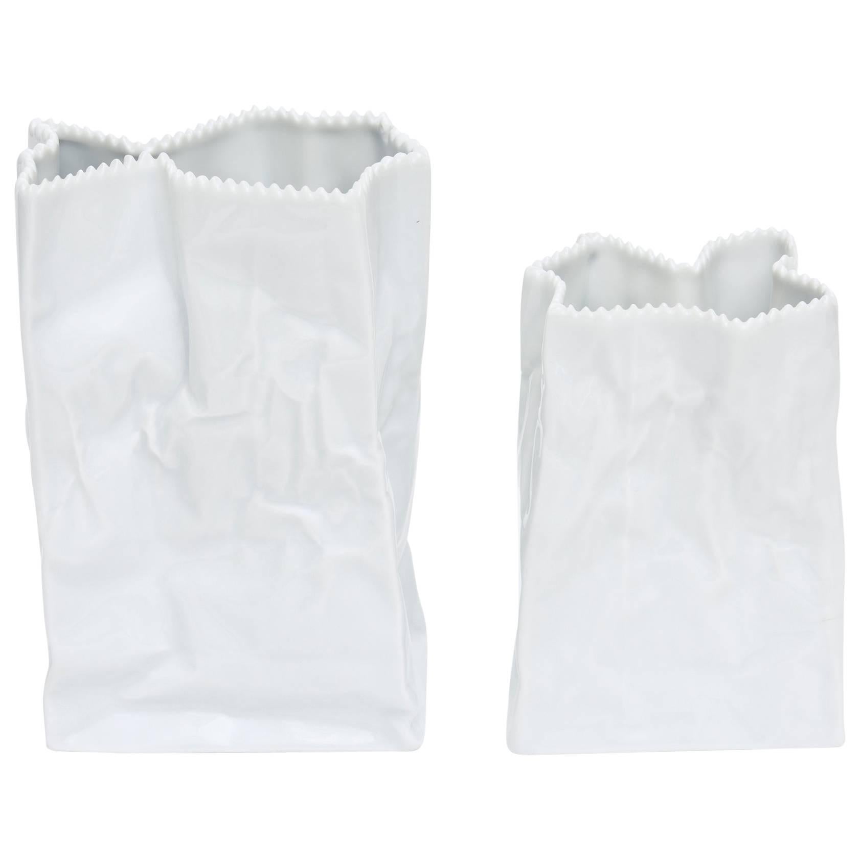 Pair of Rosenthal Crushed/ Crinkled White Glazed Porcelain Bags/ Vases/ Vessels
