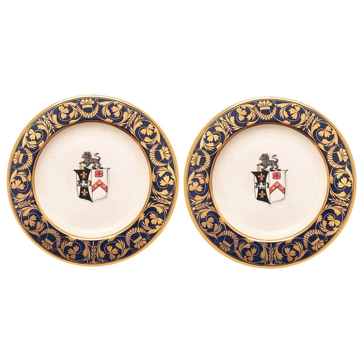 English Bloor Derby Porcelain Pair of Blue-Ground Armorial Dinner Plates For Sale