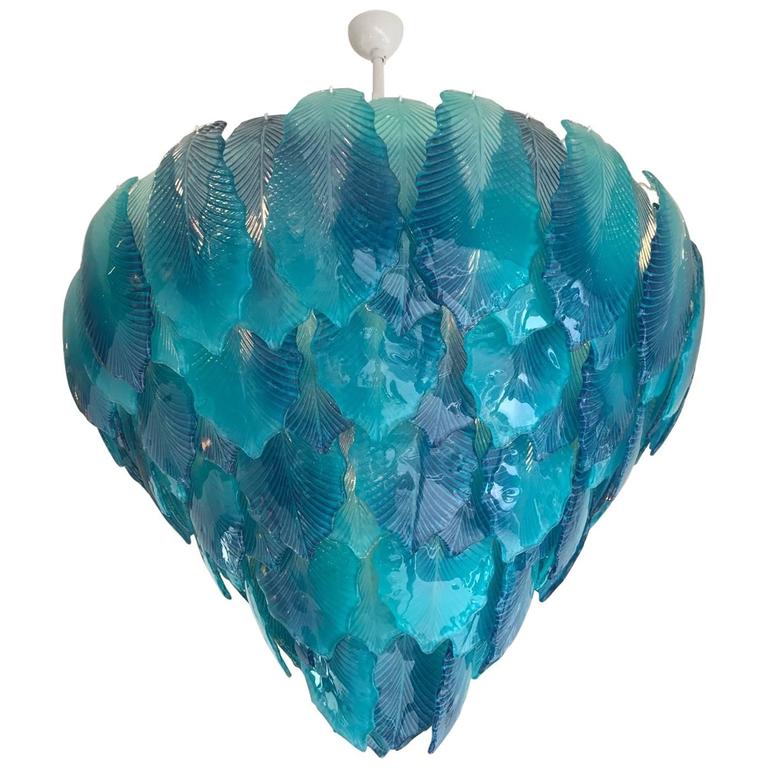 Modern Turquoise Murano Glass Leaves Chandelier at 1stDibs