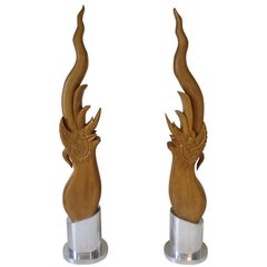 1970's Modern Asian Wood Carved Squid Sculptures on Aluminum Pedestals