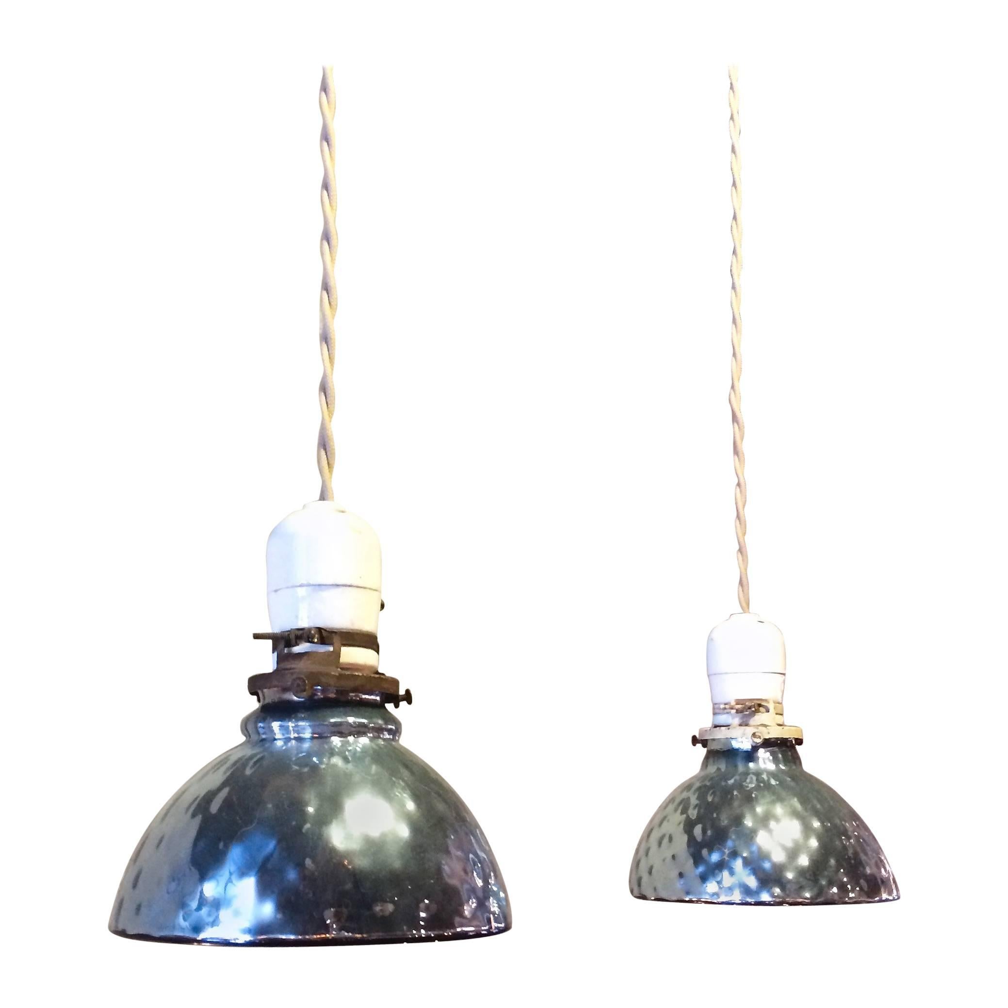 Pair of Light Blue Quilted Mercury Glass Bell Pendant Lights