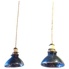 Pair of Petite Deep Blue Quilted Mercury Glass Bell Pendants