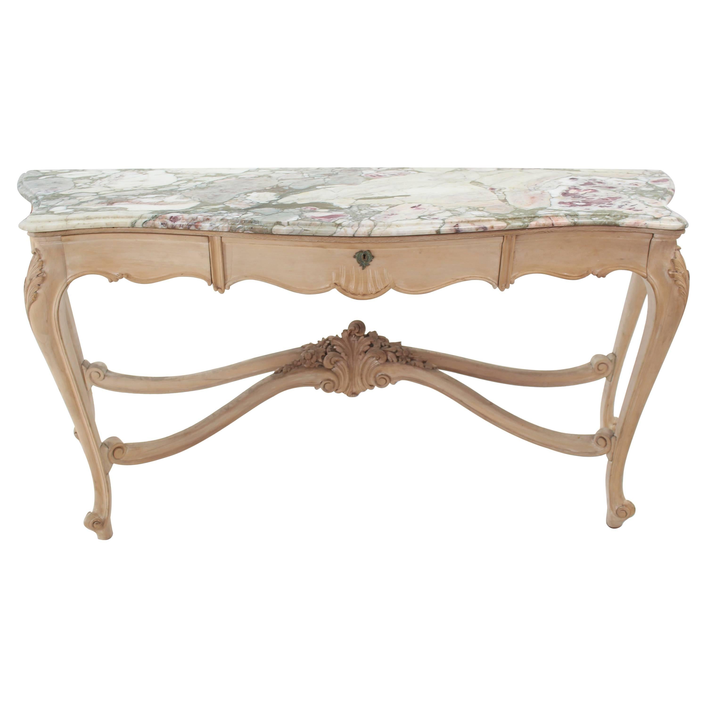 Tall Bleached White Wash Painted Walnut Marble-Top French Sideboard Console For Sale