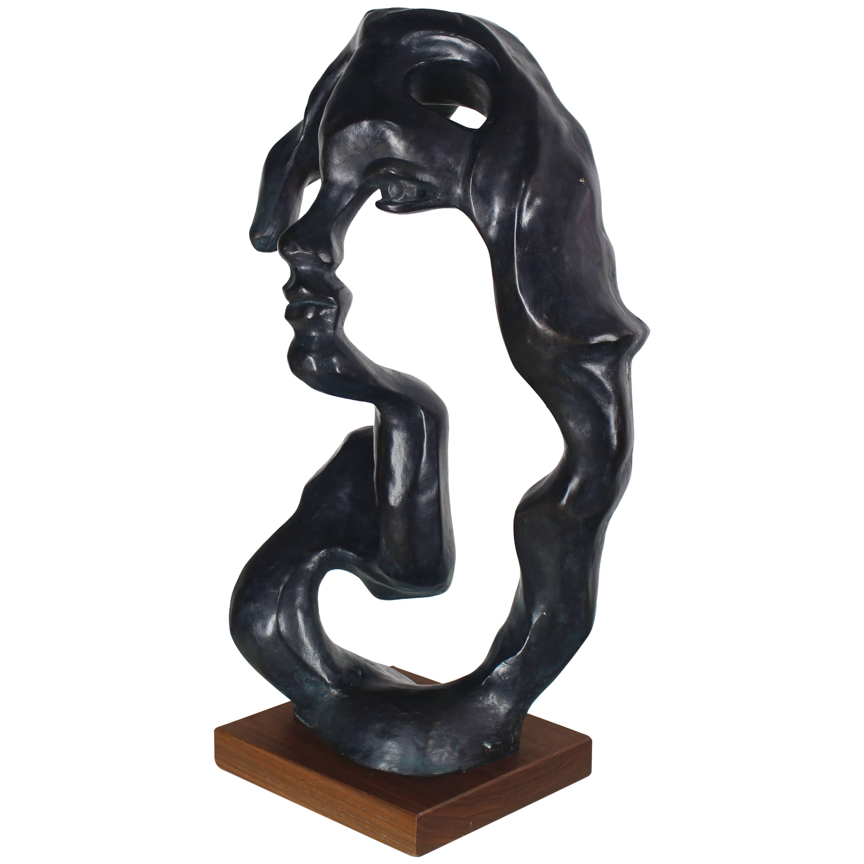 Large Black Face Body Abstract Sculpture on Walnut Base